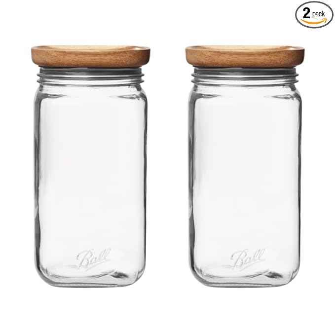 Ball Stack & Store Glass Mason Jars with Wooden Lid, Used for Pantry, Cookies, Flour, Cereal, Rice, Sugar, Tea, Coffee Beans, Spices, Square, 9.9-Cup (Pack of 2)