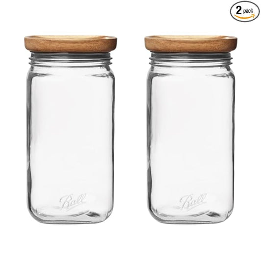 Ball Stack & Store Glass Mason Jars with Wooden Lid, Used for Pantry, Cookies, Flour, Cereal, Rice, Sugar, Tea, Coffee Beans, Spices, Square, 9.9-Cup (Pack of 2)