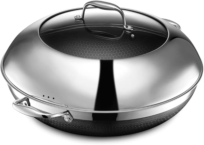 HexClad Hybrid Nonstick 5-Piece Cookware Set, 14" Pan with Lid, 14" Wok with Lid, and 7" Santoku Knife, Stay-Cool Handles, Dishwasher and Oven-Safe, Induction Ready, Compatible with All Cooktops