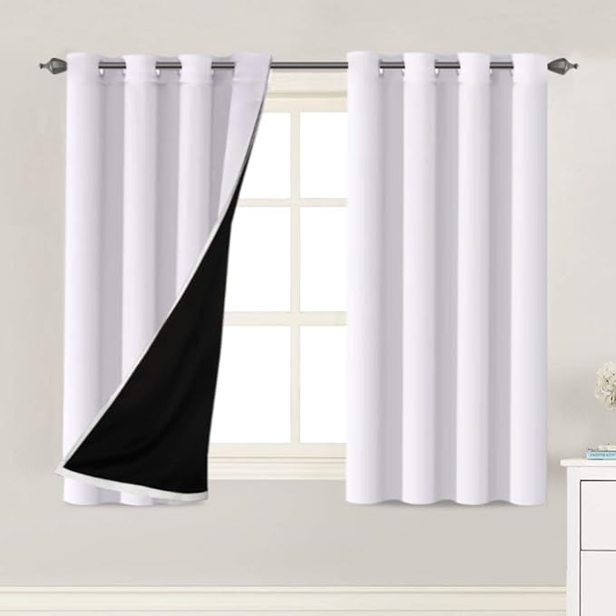 H.VERSAILTEX 100% Blackout Curtains 63 inches Long Noise Blocking Out Drapes for Baby Room Thermal Insulated Guest Room Lined Window Dressing, 2 Panels, 52 x 63 inch, White Front with Black Liner