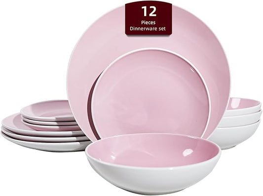 Stoneware Coupe Shape 12pc Dinnerware Set, Outside White + Inside Pink