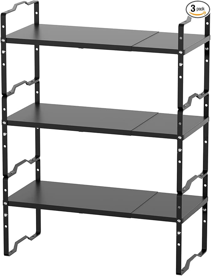 Expandable Shelf for Cabinet Organizer Adjustable and Stackable Spice Rack at Kitchen and Bathroom More, Counter Countertop Cupboard Organization Pantry Storage(LARGE/3PACKS/BLACK)