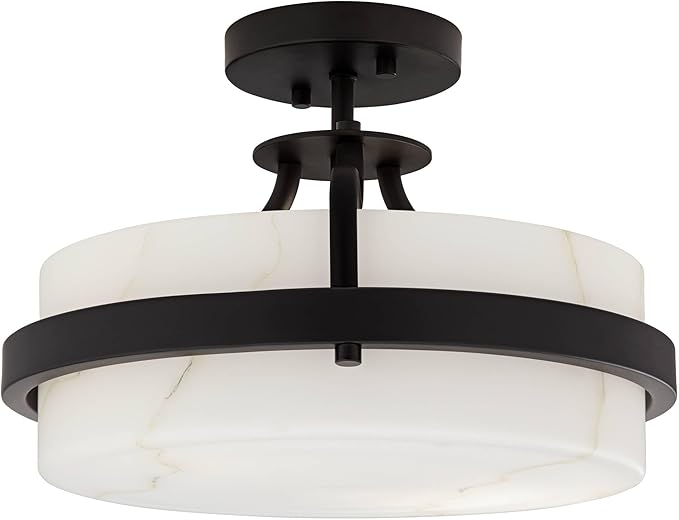 Possini Euro Design Bregman 13" Modern Semi Flush-Mount Ceiling Light Fixture Kitchen Foyer Hallway Drum Round Black Finish White Stone Glass Metal Bedroom Bathroom Entryway Living Room Indoor