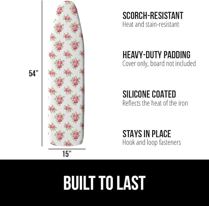 GORILLA GRIP The Original Ironing Board Cover and Pad, Silicone Coating, Thick Scorch Resistant Padding, Heavy Duty Iron Covers Standard Boards, Hook and Loop Fastener Strap, Pink Floral, 15x54