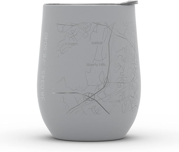 Well Told Engraved Charlottesville Virginia Map Insulated Wine Tumbler, Etched Stainless Steel Cup (12 oz, Dockside Gray) City Map Insulated Tumbler, Custom Insulated Tumbler, Outdoor Drinkware