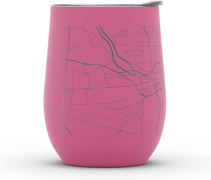 Well Told Engraved Columbus Ohio Map Insulated Wine Tumbler, Etched Stainless Steel Cup (12 oz, Sunset Pink) City Map Insulated Tumbler, Custom Insulated Tumbler, Outdoor Drinkware