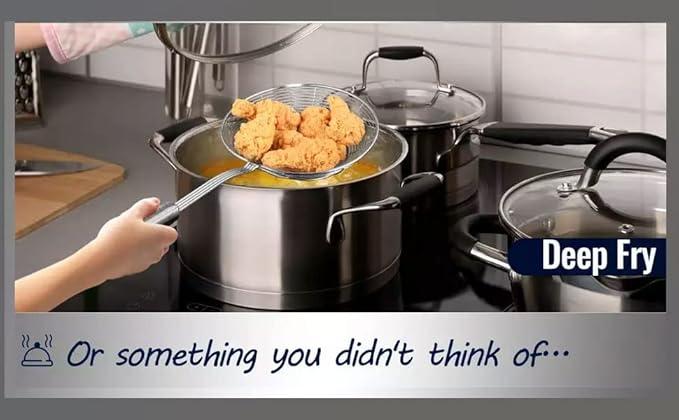 Diameter 14 cm Stainless Steel Deep Fry Net Spoon Oil Strainer for Kitchen - Frying Spoon for Puri & Poori Strainer Kitchen Utensil for Frying, Cooking & Straining Tool Steel Handle
