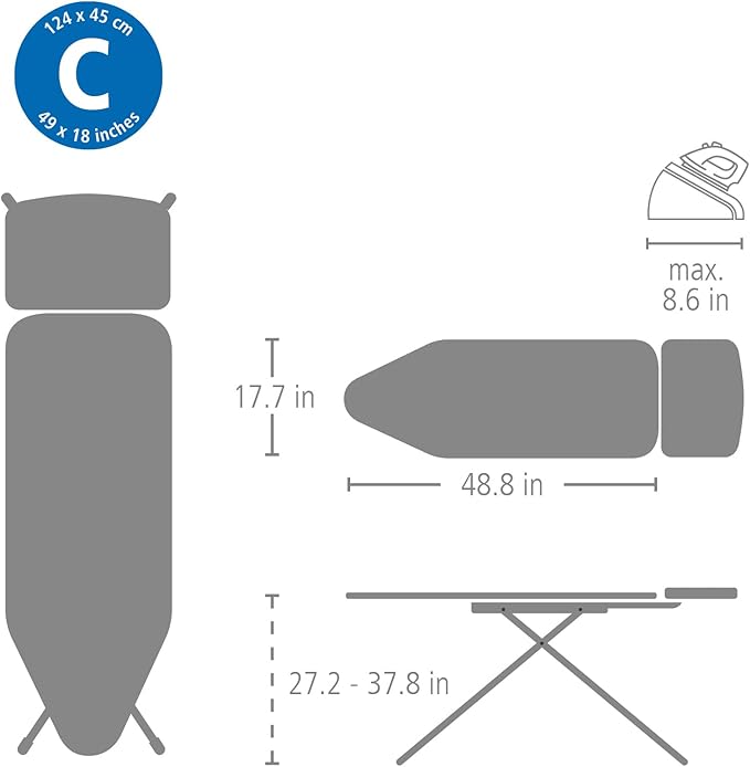 Brabantia - Ironing Board C - Extra Large Steam Iron Rest - Adjustable in Height - Non-Slip Rubber Feet - Cotton Cover with Foam Layer - Foldable XL Unit - Denim Blue - 49 x 18 inches