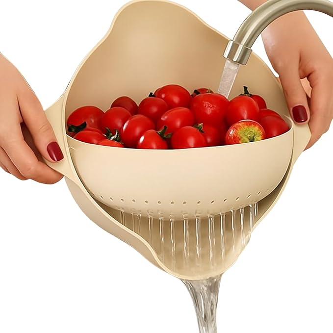 Rinse & Drain Bowl Strainer & Colander Combo – Double-Layer 360° Rotating Basket, BPA-Free Plastic with Handles & Pour Spouts – Wash Fruits, Vegetables, Pasta, Herbs, Beans & Salad Greens