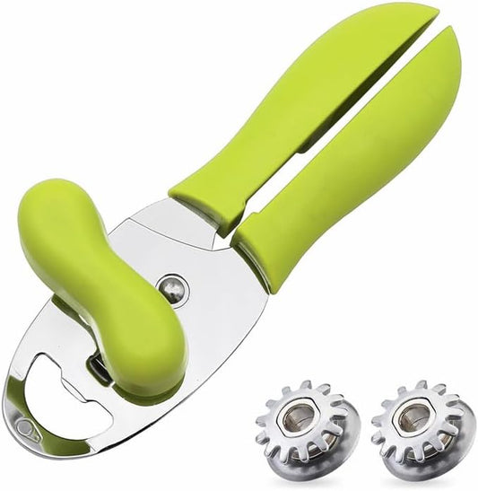 Can Opener Manual, Four in one designHeavy,Duty Handheld Strong Can Opener with Soft Touch Handle, Sharp Blade Smooth Edge, Can Openers with Multifunctional Bottle Opener, Green