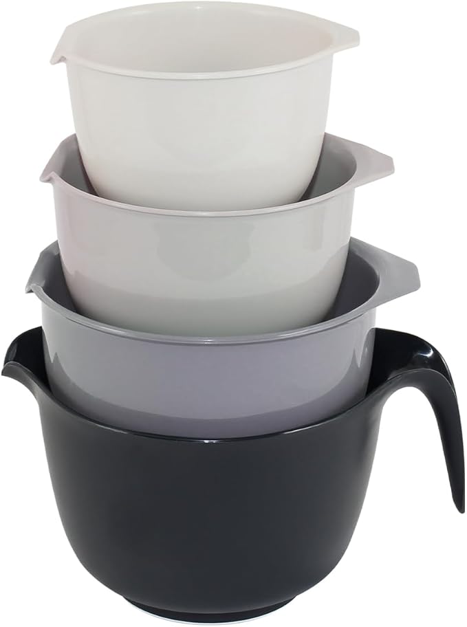 Glad Mixing Bowls with Pour Spout, Set of 4 - Nesting Plastic Bowls (1.2qt, 1.9qt, 2.8qt, and 3qt with Handle) - Non Slip Base, Dishwasher Safe Kitchen Cooking and Baking Supplies, Grey