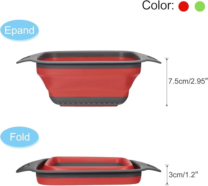 Collapsible Colander Set, 2pcs Silicone Square Foldable Strainer Space Saving Suitable for Pasta, Vegetables, Fruits - Red Green Small