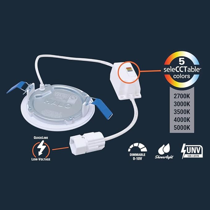 HALO Quicklink 4 Inch Canless Ultra-Thin Recessed Lighting LED Wafer Light for Ceiling and Shower - 6 Pack Starter Kit - 605 Lumens - 5 Selectable Color Temperatures, 0-10V Commercial Dimming