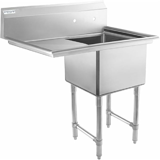 39" Wide Stainless Steel One Compartment Commercial Sink | Utility 18" x 18" Bowl for Restaurant Laundry Hotel | 18" Left Drainboard, 9.75" Backsplash, 38.5"W x 23.5"D x 44.25"H, 16 Gauge, NSF