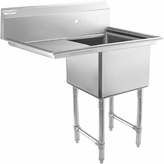 39" Wide Stainless Steel One Compartment Commercial Sink | Utility 18" x 18" Bowl for Restaurant Laundry Hotel | 18" Left Drainboard, 9.75" Backsplash, 38.5"W x 23.5"D x 44.25"H, 16 Gauge, NSF