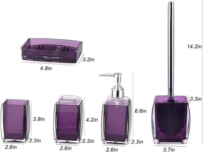 5 Pcs Purple Acrylic Bathroom Accessories Set Complete,Lotion/Soap Dispenser,Soap Dish,Toothbrush Holder, Tumbler,Toilet Brush and Holder,Modern Bathroom Decor and Housewarming Gift Set,Purple