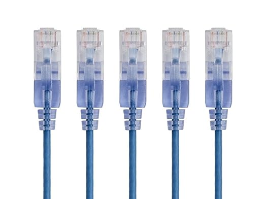 Monoprice Cat6A 50ft Blue 5-Pk Patch Cable UTP 30AWG 10G Pure Bare Copper Snagless RJ45 SlimRun Series Ethernet Cable