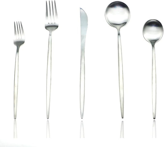 JASHII 18/10 Stainless Steel 5-Piece Matte Silver Flatware Set,Dinner Knife Fork Salad Fork Dessert Spoon, Service for 1, Luxury Silverware Cutlery Utensil Sets