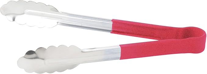 Winco 9" Stainless Steel Serving Tongs with Non-Slip Handle, Red