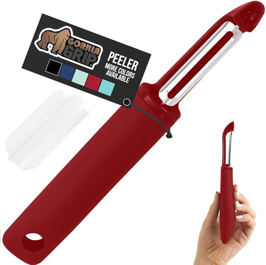 GORILLA GRIP Patented BPA-Free Sharp Stainless Steel Dual Swivel Vegetable Peeler, Soft Comfortable Handle, Smoothly Peel Apples, Potatoes, Carrots, Includes Blade Cover, Kitchen Tool Peelers, Red