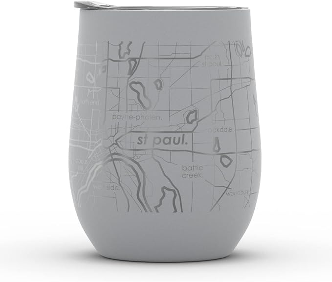 Well Told Engraved Minneapolis Minnesota Map Insulated Wine Tumbler, Etched Stainless Steel Cup (12 oz, Dockside Gray) City Map Insulated Tumbler, Custom Insulated Tumbler, Outdoor Drinkware