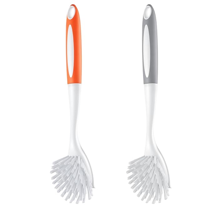 VEVOR Dish Brush, 4 Pack Kitchen Scrub Brushes with PP Handle, Dish Cleaning Brushes with Curved Bristles, Ideal for Pots, Pans, Sink and Stove, 2 Gray + 2 Orange