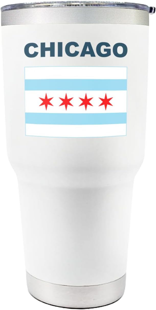 Palm City Products Premium 30 oz Chicago White Tumbler with Slider Lid - Featuring Chicago Flag Design - Ideal Themed Gift Souvenir