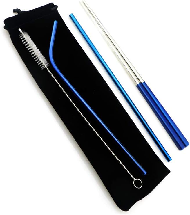 Blue Reusable Utensils with Case Camping Travel Silverware Set,Portable Stainless Steel Cutlery Set - Matte Flatware Set Knife Fork Spoon Mirror Straws Chopsticks - for Office Lunch, Hiking, School
