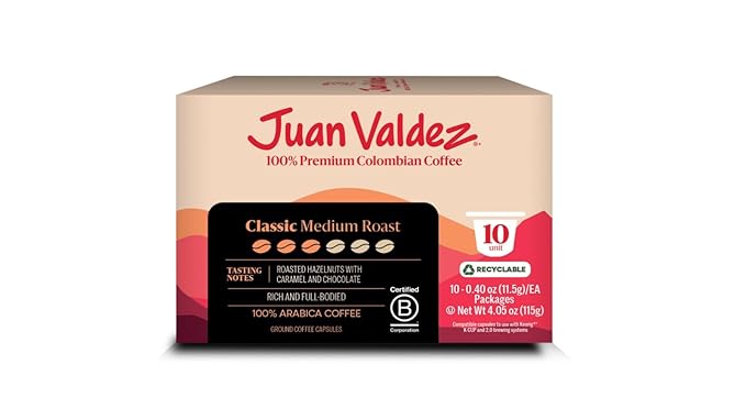 Juan Valdez Coffee Pods – Classic Medium Roast | K-Cups for Keurig Coffee Machines | 100% Colombian Arabica Beans | White Chocolate & Peach Notes | Single Serve Coffee Pods | 10 Count