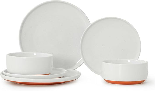 6 Piece Dinnerware Sets for 2, Dual Glaze Stoneware Plates and Bowls Set, Microwave and Dishwasher Safe, Stardust Glaze White