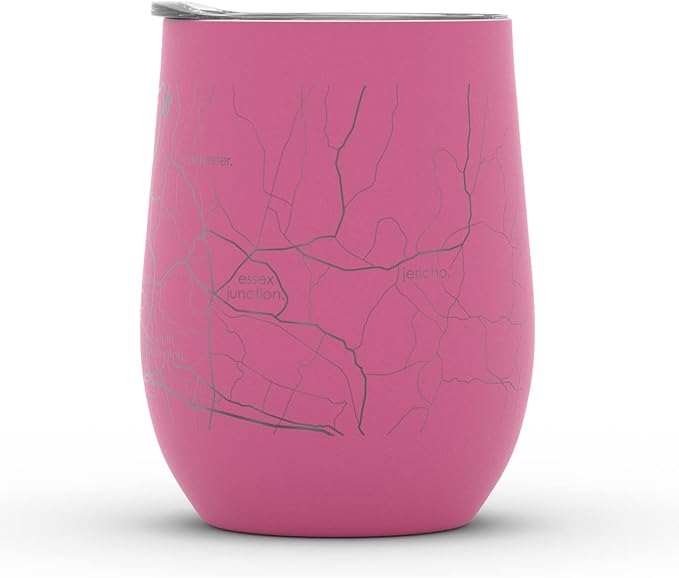 Well Told Engraved Burlington Vermont Map Insulated Wine Tumbler, Etched Stainless Steel Cup (12 oz, Sunset Pink) City Map Insulated Tumbler, Custom Insulated Tumbler, Outdoor Drinkware