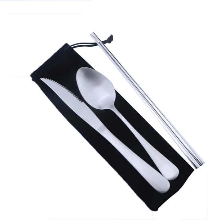 Silver Reusable Utensils with Case Camping Travel Silverware Set,Portable Stainless Steel Cutlery Set - Matte Flatware Set Knife Fork Spoon Mirror Straws Chopsticks - for Office Lunch, Hiking, School