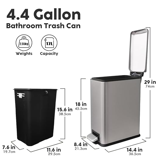 Bathroom Trash Can with Lid, 16.7L/ 4.4 Gallon Rectangular Slim Trash Can with Removable Inner Bucket, Soft Close lid, Stainless Steel Step Pedal Garbage Can for Kitchen, Home Office, Kohler Grey