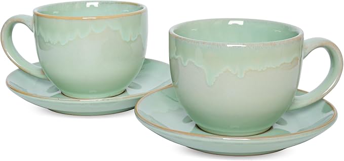 Bosmarlin Ceramic Cappuccino Cup and Saucer Set of 2, 10 Oz, Coffee Cups for Latte, Espresso, Tea, Dishwasher and Microwave Safe, Reavtive Glaze (Green)