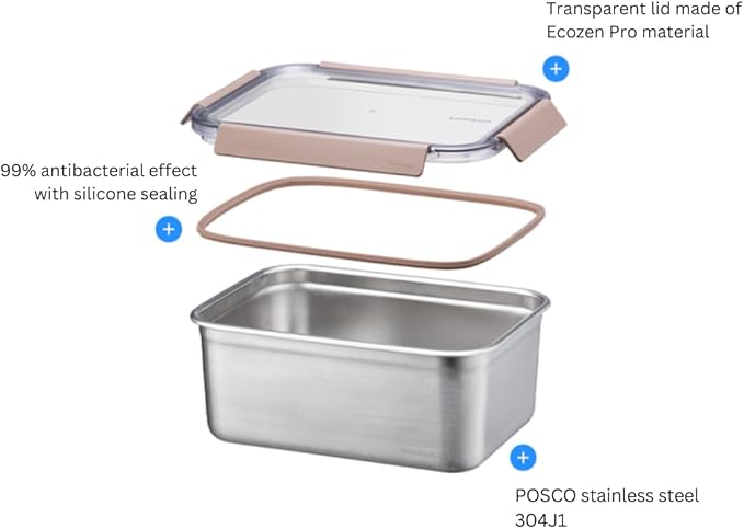 Locknlock Stainless Steel Food Storage Containers with Lids, Metal Lunch Boxes, Leak-Proof, Microwave, Freezer and Dishwasher Safe, 3-Piece Set, 1 x 520ml and 2 x 1400ml