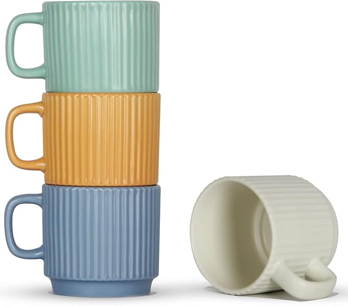 Stackable Coffee Mugs Set of 4, 7 OZ Ceramics Espresso Cups for Latte Cappuccino Cocoa with Handle, Colorful