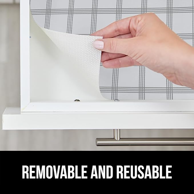 GORILLA GRIP DripGuard Shelf Liner, Non Adhesive Drawer and Kitchen Cabinet Protector, Slip Resistant BPA Free Smooth Surface Plastic Liners for Cabinets, Bathrooms, Closets, 17.5x240 Inch Gray Stripe