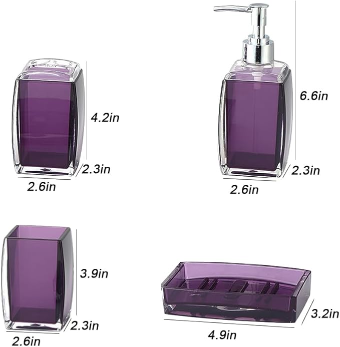 Bathroom Accessories Set,4 pcs Acrylic Bathroom Accessory Set with Soap Dispenser,Soap Dish, Toothbrush Holder, Tumbler, Modern Bathroom Accessories Decor,Gift for Home (Purple)