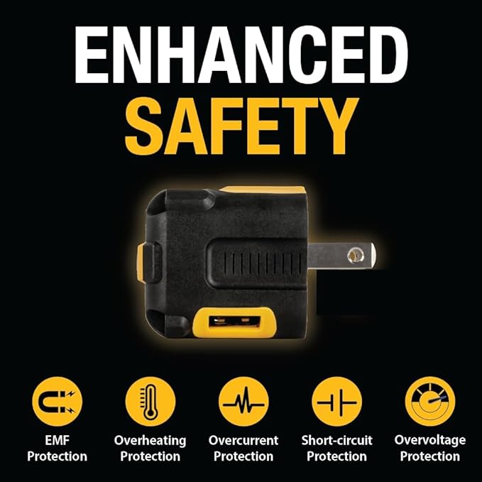 DEWALT Heavy Duty NeverBlock USB Charger, Angled Dual Port 12W Wall Charger Adapter, Foldable Plug, Charging Box Brick, Cube for iPhone 17 16 15 14 13 Pro Max, Galaxy S22 S21 Note 20, HTC, Moto, LG