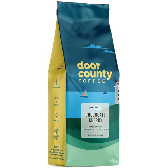 Door County Coffee Chocolate Cherry Flavored Ground Coffee - 10 oz Bag - Medium Roast - Specialty Arabica - 100% Specialty Grade 1 Arabica Coffee
