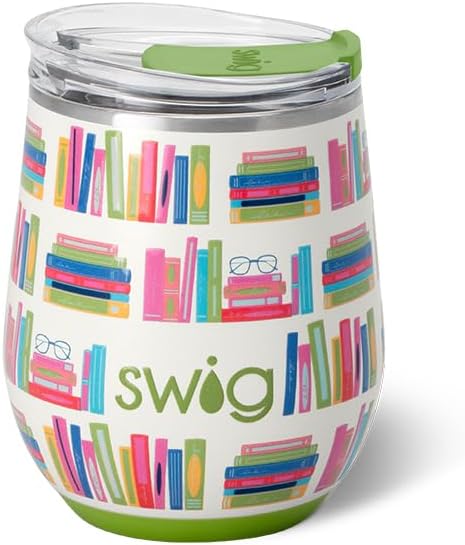 Swig Life 12oz Wine Tumbler with Lid, Stainless Steel, Dishwasher Safe, Portable, Triple Insulated Wine Tumbler (Book Club)
