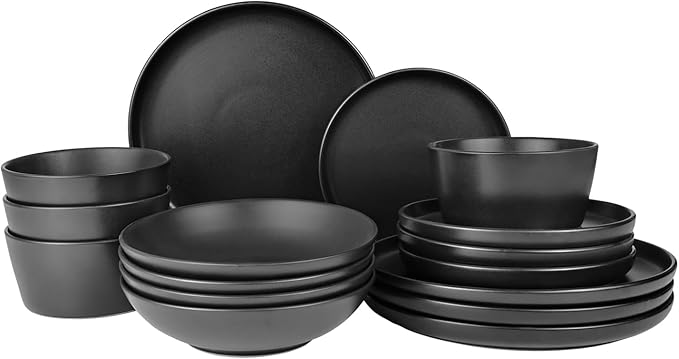 Matte Black Dish Plates and Bowls,16 Pieces Dinnerware Sets, Service for 4 Ceramic Dishware Dishes Set,Microwave and Dishwasher Safe