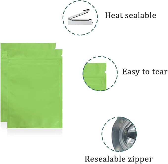 FERENLI 100Pcs Zipper Lock Self Seal Flat Pouch for Zip Aluminum Foil Lock Package Bag Coffee Food Storage Resealable Mylar Bags Heat Sealable Candy Reclosable Bags (8x12cm (3.1x4.7 inch), Green)