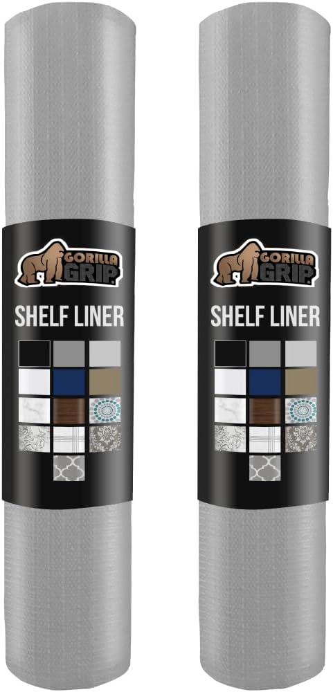 GORILLA GRIP Slip Resistant Drawer and Shelf Liner 2 Pack, Non Adhesive Water Resistant, Easy Clean and Trim, Smooth Surface Liners for Kitchen Cabinet Shelves Drawers Pantry 17.5IN x 20FT, Light Gray