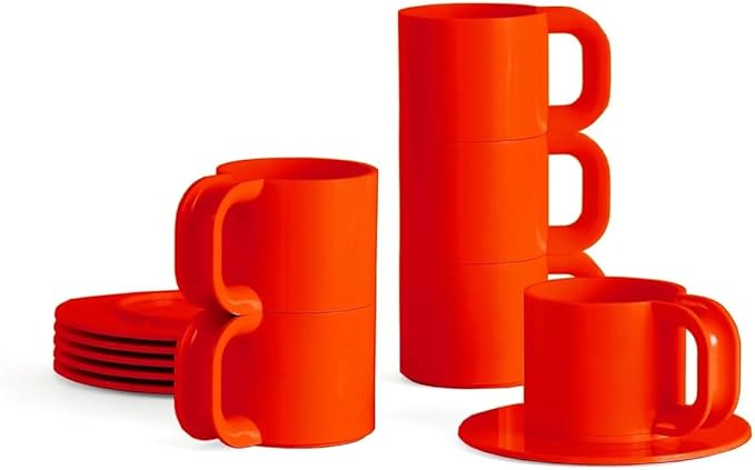 Max 2 | 12-Piece Cups & Saucers Set (6 Cups + 6 Saucers) | Hellerware | Massimo & Lella Vignelli (Red Orange)