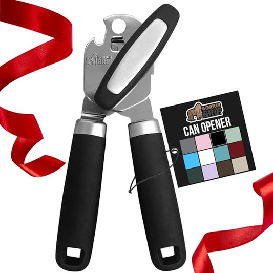 GORILLA GRIP Heavy Duty Stainless Steel Smooth Edge Manual Can Opener, Soft Comfortable Handle, Large Handheld Turn Knob, Built-In Bottle Openers, US Designed, Holiday Prep Kitchen Essential, Black
