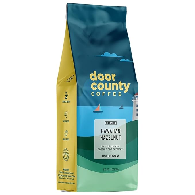 Door County Coffee Hawaiian Hazelnut Flavored -10oz Bag - Ground Medium Roast - 100% Arabica - Hawaiian Hazelnut
