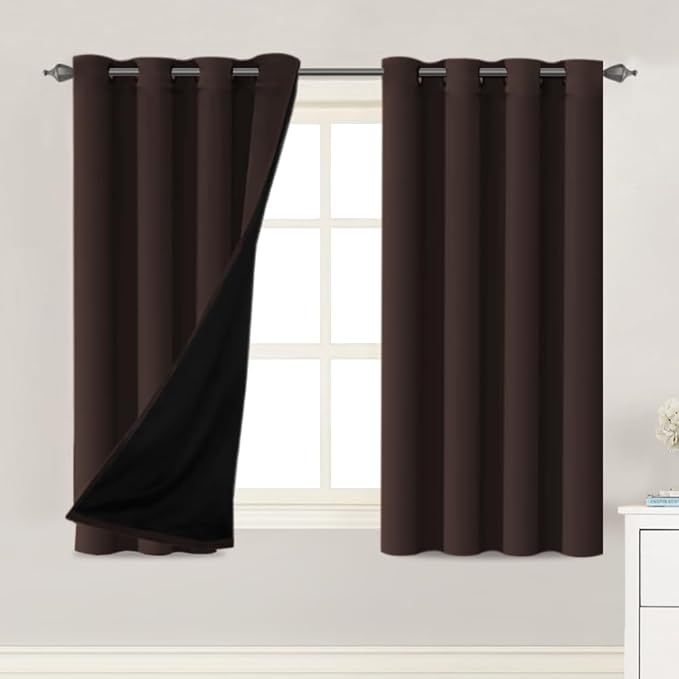 H.VERSAILTEX 100% Blackout Curtains 63 Inches Long (2 Layers) Full Light Blocking Window Curtain Draperies with Black Liner for Bedroom Thermal Insulated Soft Thick Silky Grommet 2 Panels, Brown