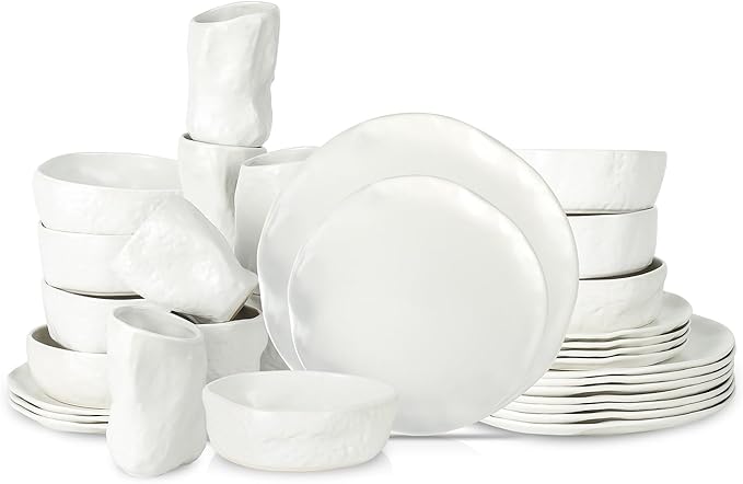 Stone by Mercer Project Atik Modern Stoneware 32-Piece Dinnerware Set, Plate and Bowl Set, Dish set for 8, White