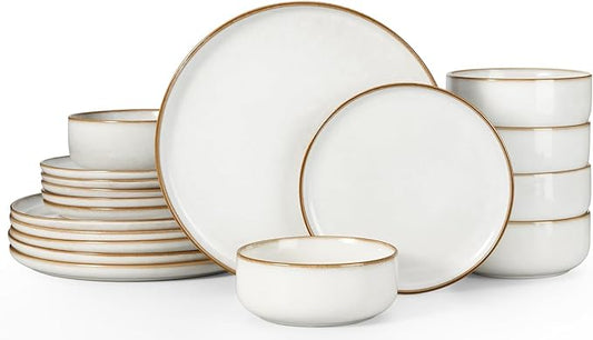 Herogo 18 Pieces Stoneware Dinnerware Dishes Sets for 6, Kitchen Handmade Dining Plates and Bowls Sets, Double Reactive Glaze, Microwave & Dishwasher Safe, Scratch Resistant, Ivory White